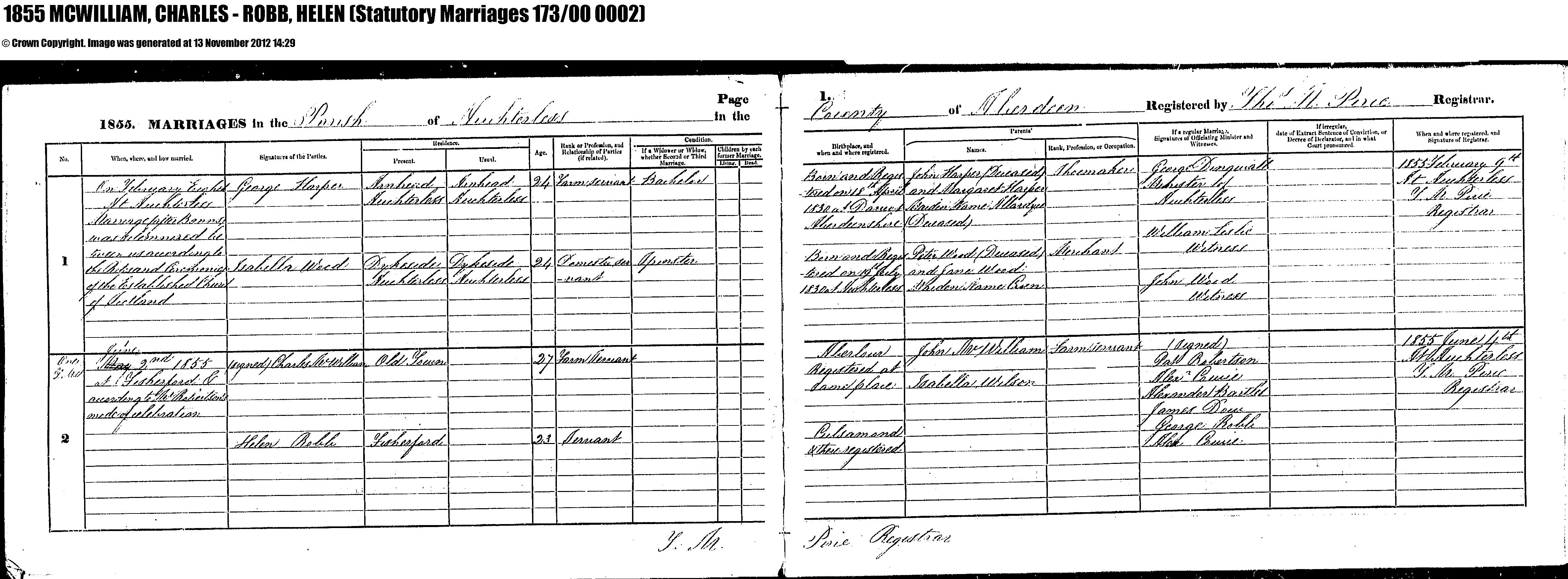 Charles McWilliam Hellen Robb Marriage Certificate